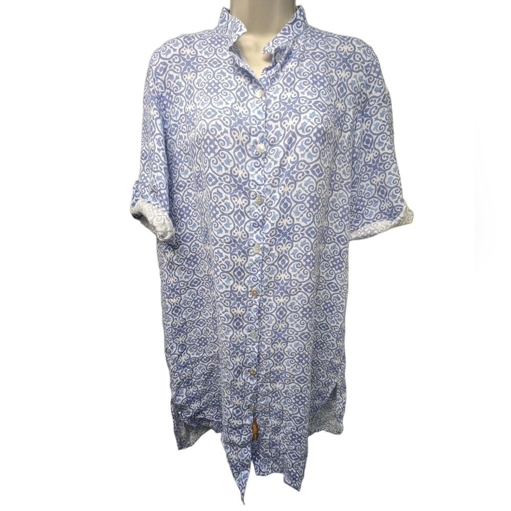 Puro Lino Linen Patterned Shirt Dress Sz M
